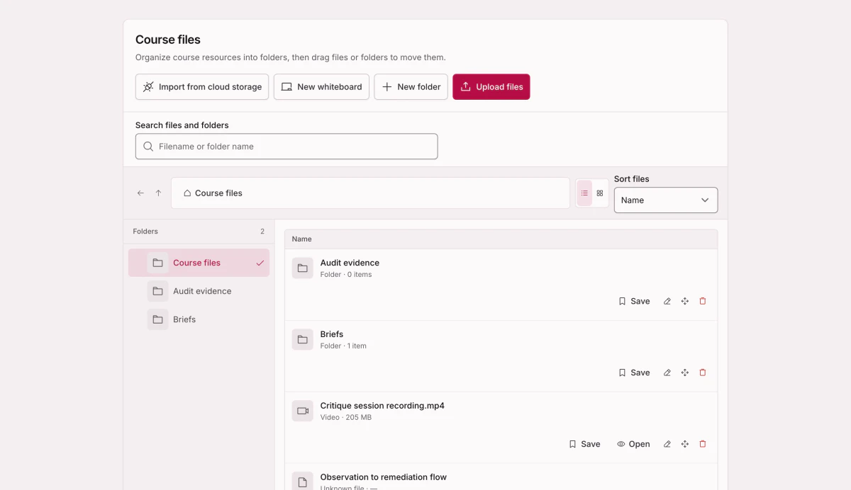 The course file tree, where what a member can open follows their place in the course.