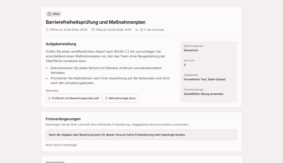 Eine Aufgabe mit Aufgabenstellung, abgegebenem Versuch und zurückgegebener Rückmeldung in einem Datensatz.