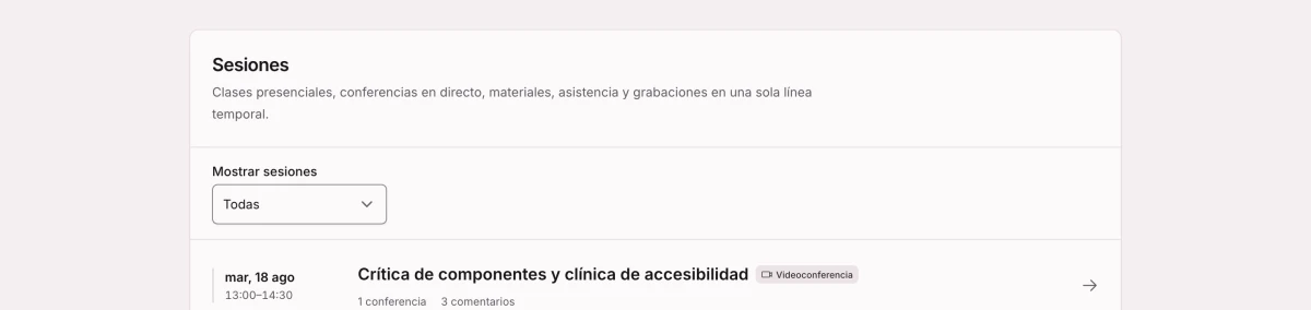 Sesiones de curso programadas, una videoconferencia y una reunión en el aula en una sola línea de tiempo.