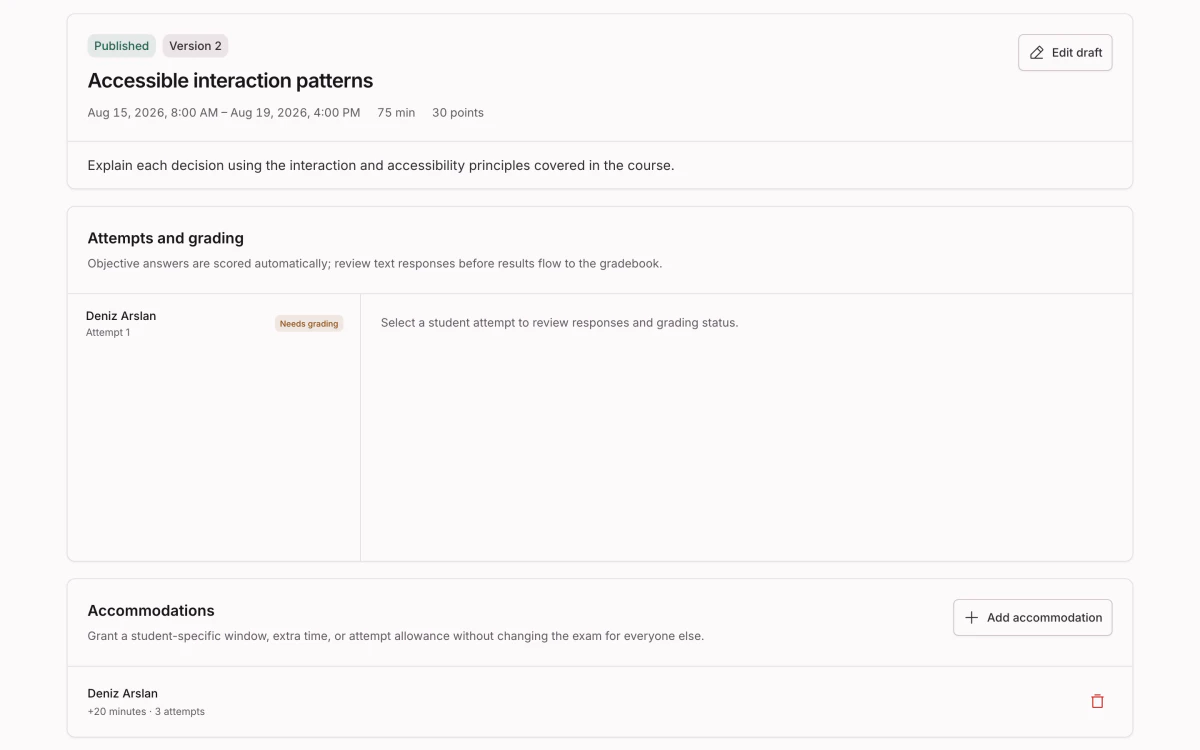 A published exam version with its delivery window, the attempts awaiting grading, and the accommodations granted to one student.