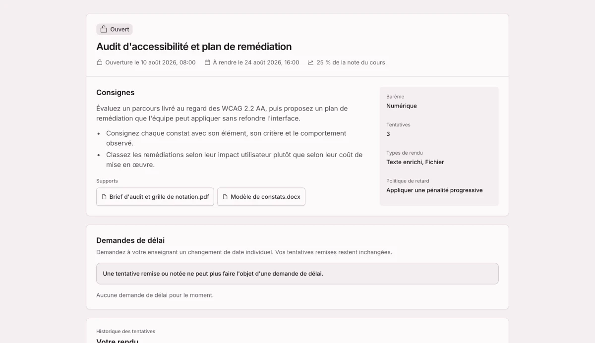 Un devoir avec sa consigne, la tentative rendue et les commentaires reçus dans un seul dossier.