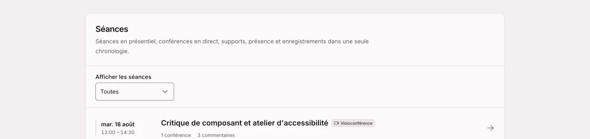 Des séances de cours planifiées, une visioconférence et une réunion en salle dans une seule chronologie.