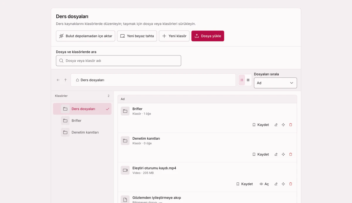 Ders dosya ağacı: bir üyenin neyi açabileceği dersteki yerine göre belirlenir.